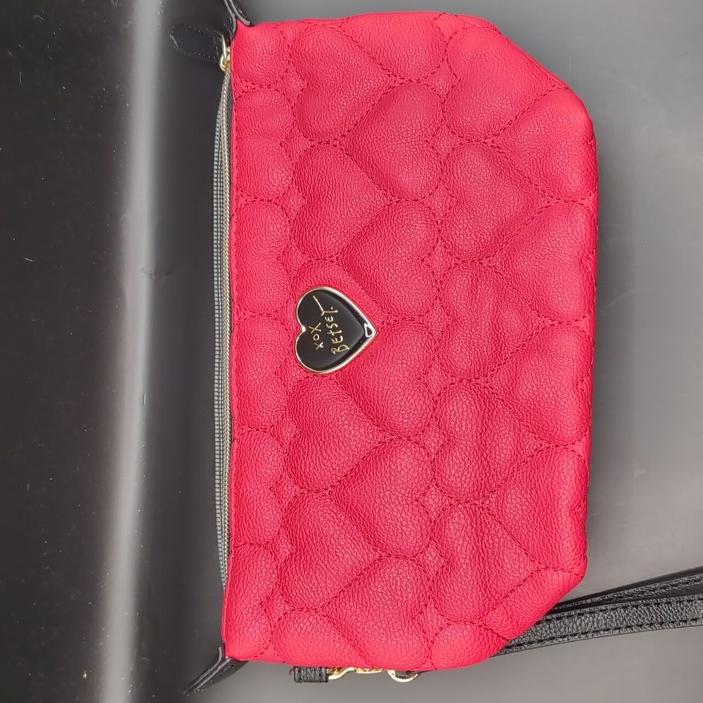 Betsey Johnson Quilted Red Hearts Wristlet Cosmetics Bag